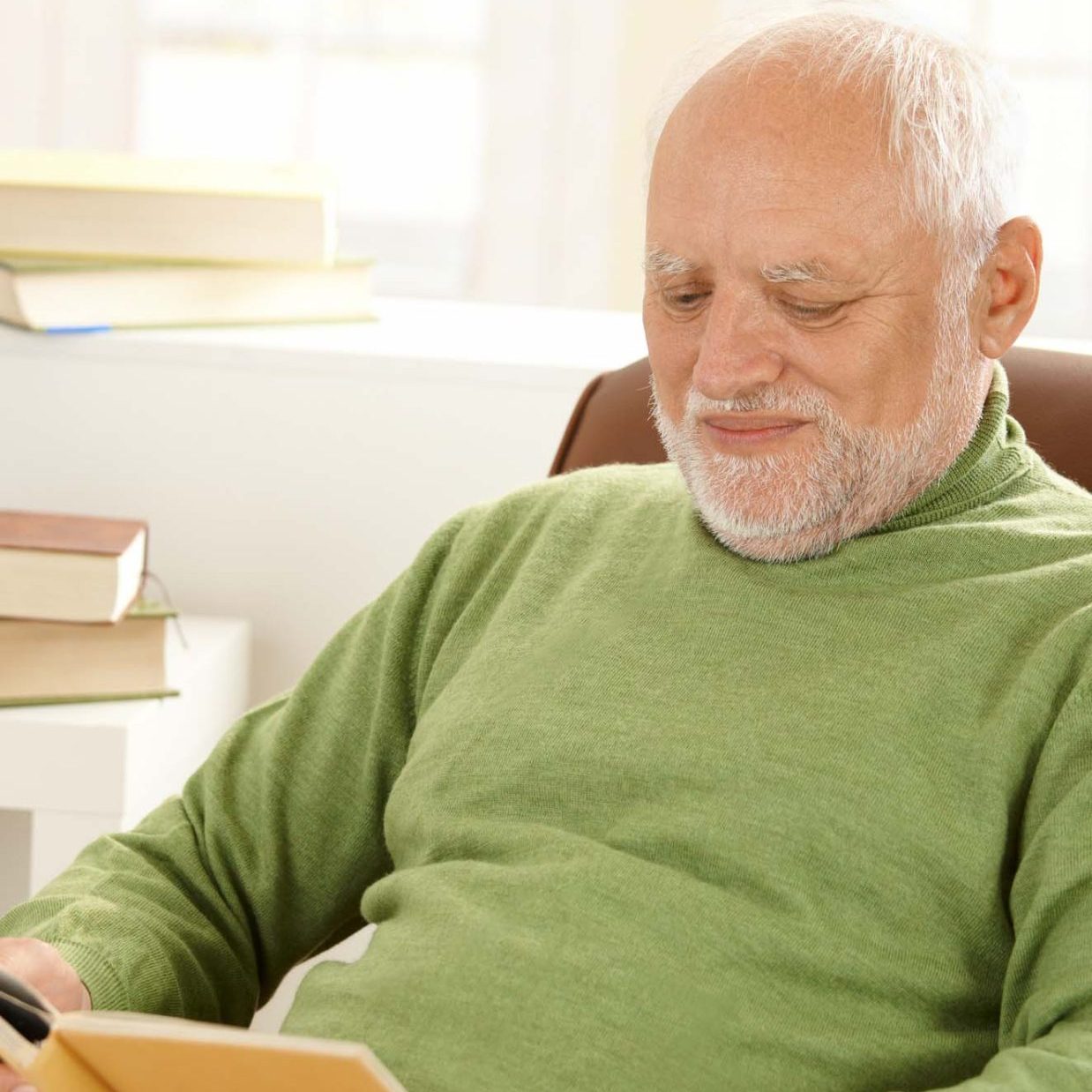 Older man sitting in armchair by window, relaxing at home, reading book, smiling.